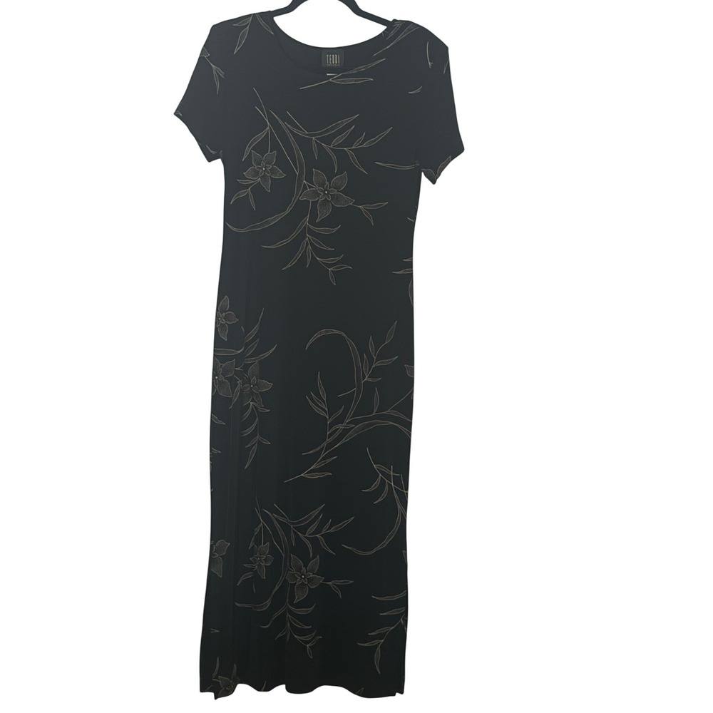 Teddi Maxi Dress Black Silver Floral Glitter Short Sleeve Women Size 6
